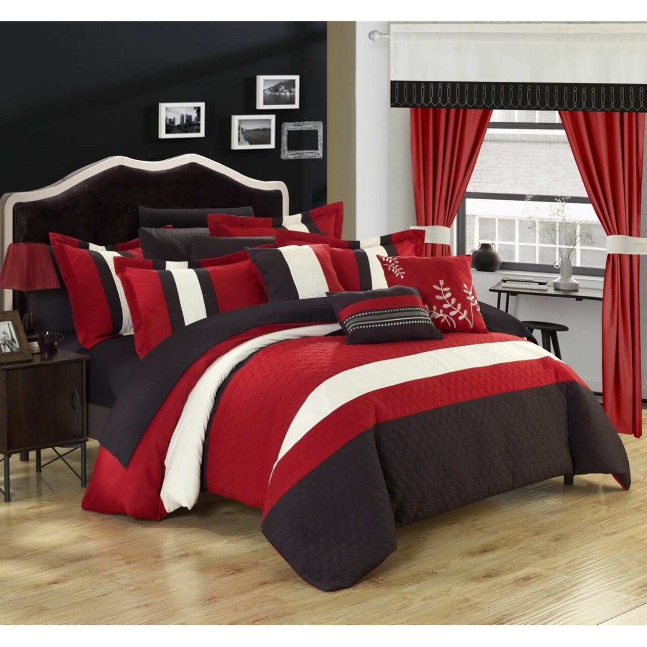 Chic Home 24 Piece Placido Complete Bedroom Set with Octagon Embroidery Color Block pattern